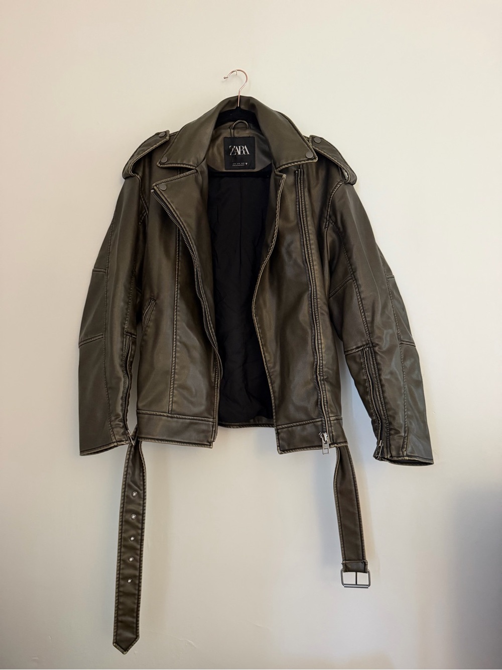 Zara Olive Faux Leather Moto Jacket with Belt